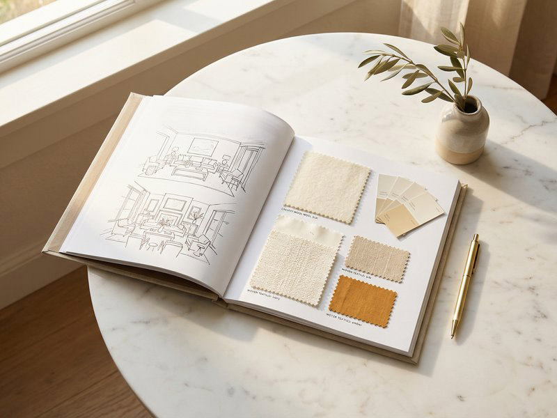 Carnet de recommandations décoration intérieure Pauline Dumont ouvert sur une table avec palette de couleurs — livrable de la Visite Déco