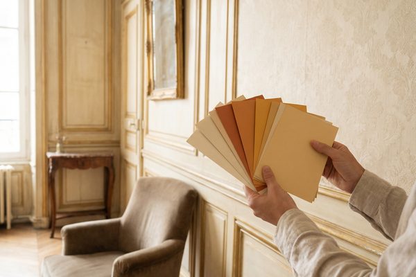 Palette de couleurs warm posée contre un mur