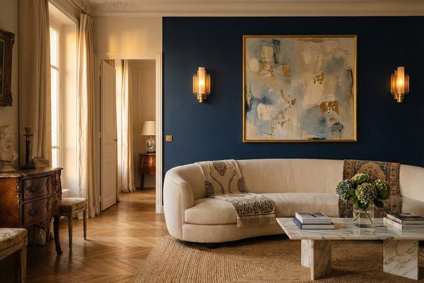 Mur d'accent dans un salon moderne — épisode Oser un mur focal par Pauline Dumont, décoratrice