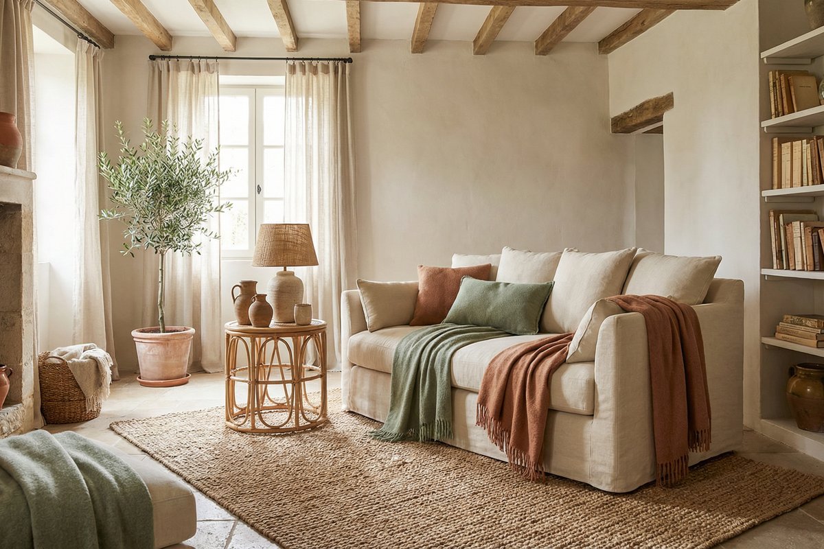 Salon chaleureux avec tonalités ocre, rattan et matières naturelles