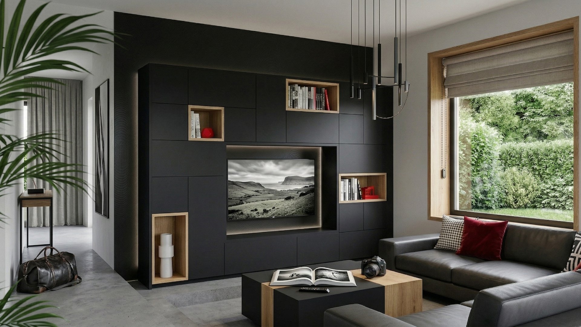 Salon contemporain avec meuble TV noir mat intégrant des niches en chêne naturel, canapé cuir gris, vue sur jardin — mobilier sur mesure